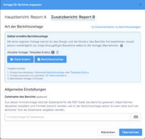 Screenshot zweite Berichtsvorlage verwalten